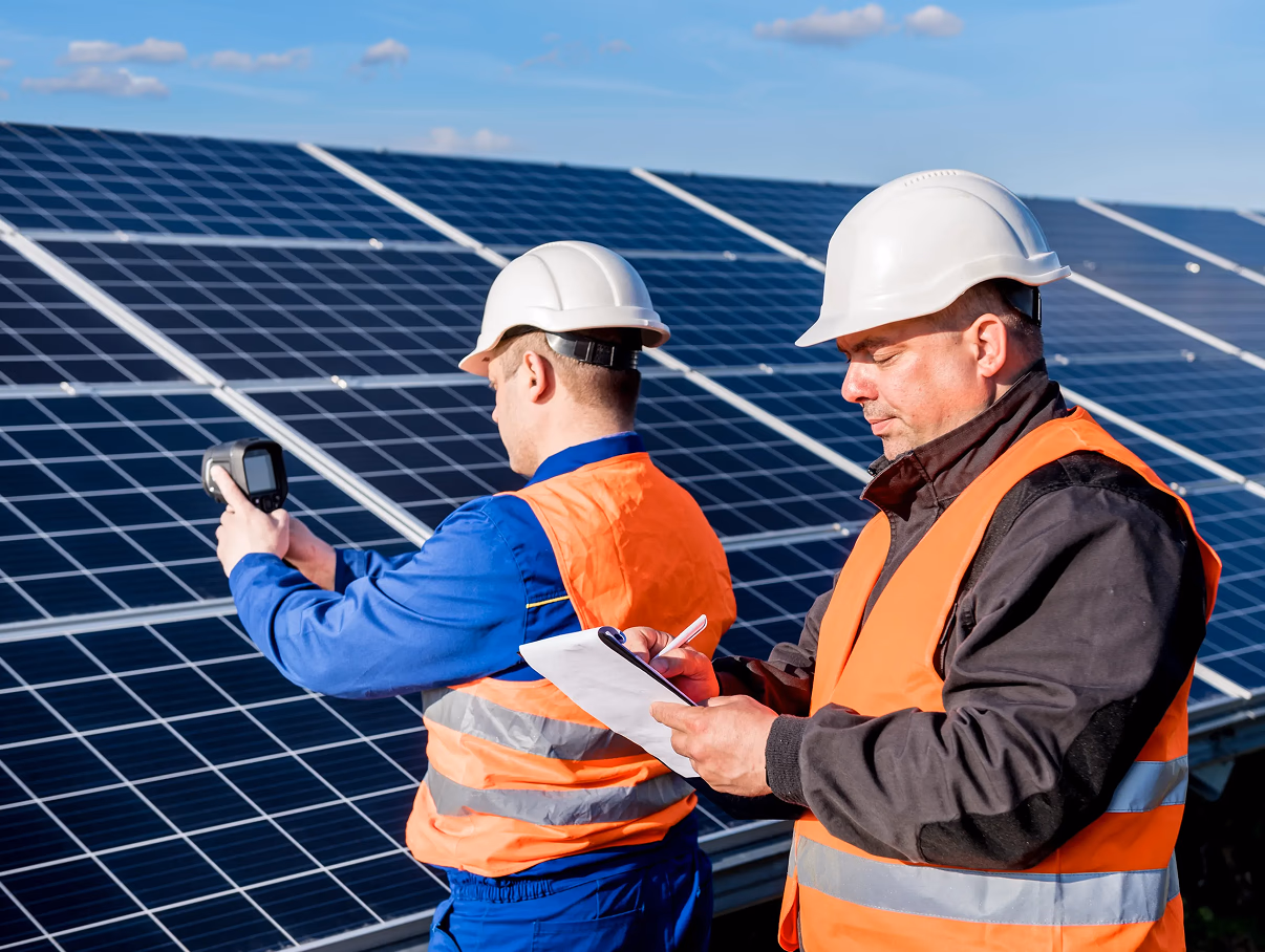 Panel sıralarında ölçüm cihazıyla kontrol yapan iki teknisyen